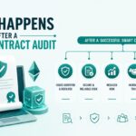 Illustration showing the post-smart contract audit process, including issue remediation, secure code verification, reduced risk, increased trust, stronger reputation, and blockchain deployment readiness.