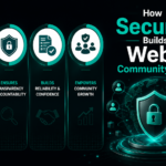 Infographic illustrating how security builds trust in the Web3 ecosystem by preventing threats and scams, ensuring transparency and accountability, improving reliability and confidence, and empowering community growth, alongside a glowing digital shield protecting a blockchain network.