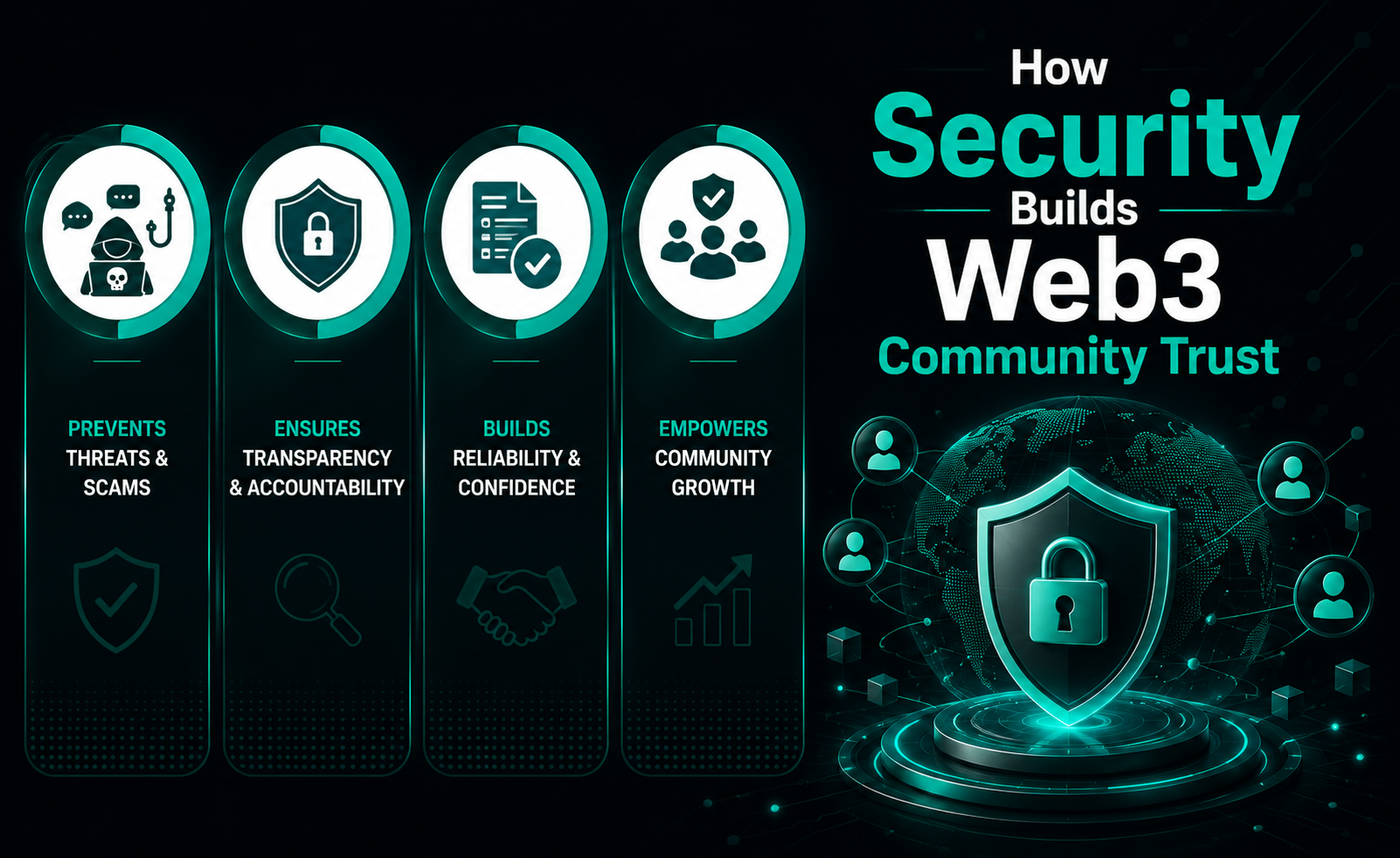 Infographic illustrating how security builds trust in the Web3 ecosystem by preventing threats and scams, ensuring transparency and accountability, improving reliability and confidence, and empowering community growth, alongside a glowing digital shield protecting a blockchain network.