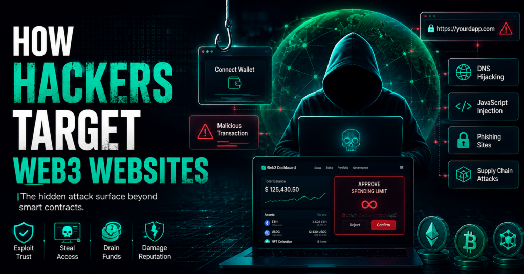 Cybersecurity illustration showing a hacker targeting a Web3 website with phishing, DNS hijacking, JavaScript injection, malicious wallet approvals, and frontend attacks.