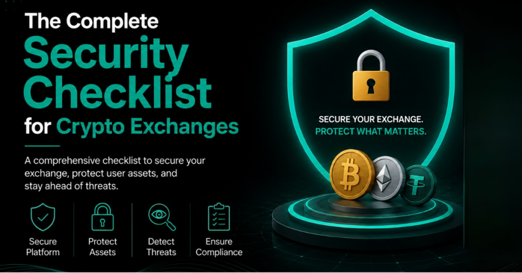 Futuristic cybersecurity illustration showing a secure crypto exchange protected by a glowing shield, padlock, cryptocurrency coins, and a security checklist.