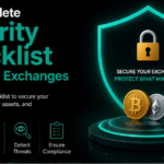 Futuristic cybersecurity illustration showing a secure crypto exchange protected by a glowing shield, padlock, cryptocurrency coins, and a security checklist.