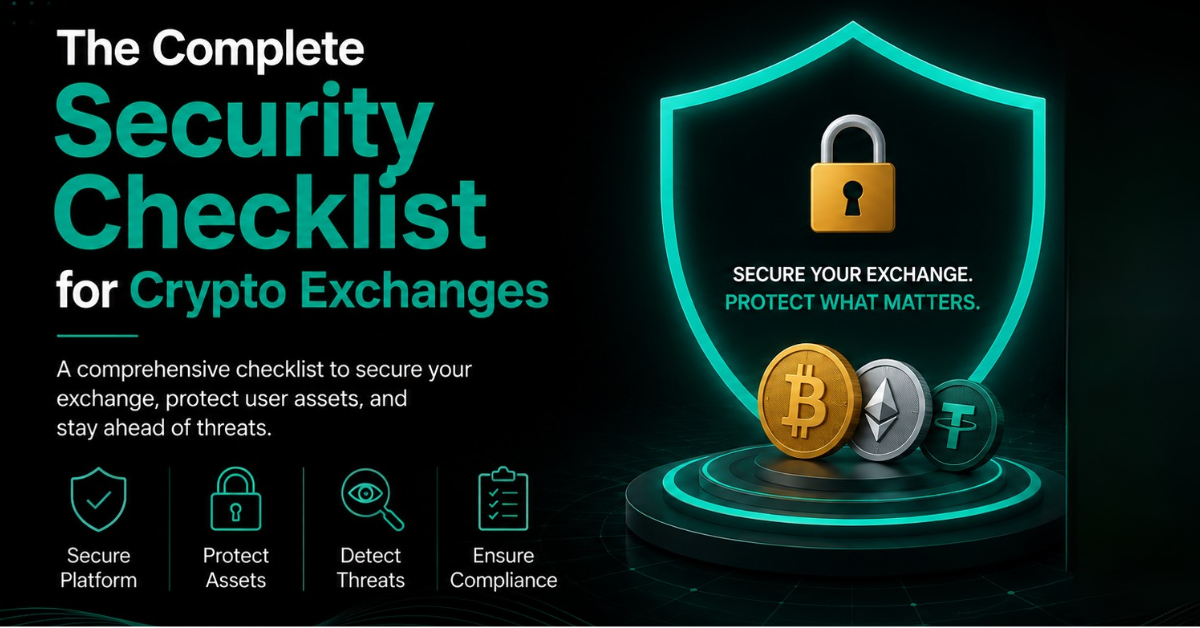 Futuristic cybersecurity illustration showing a secure crypto exchange protected by a glowing shield, padlock, cryptocurrency coins, and a security checklist.